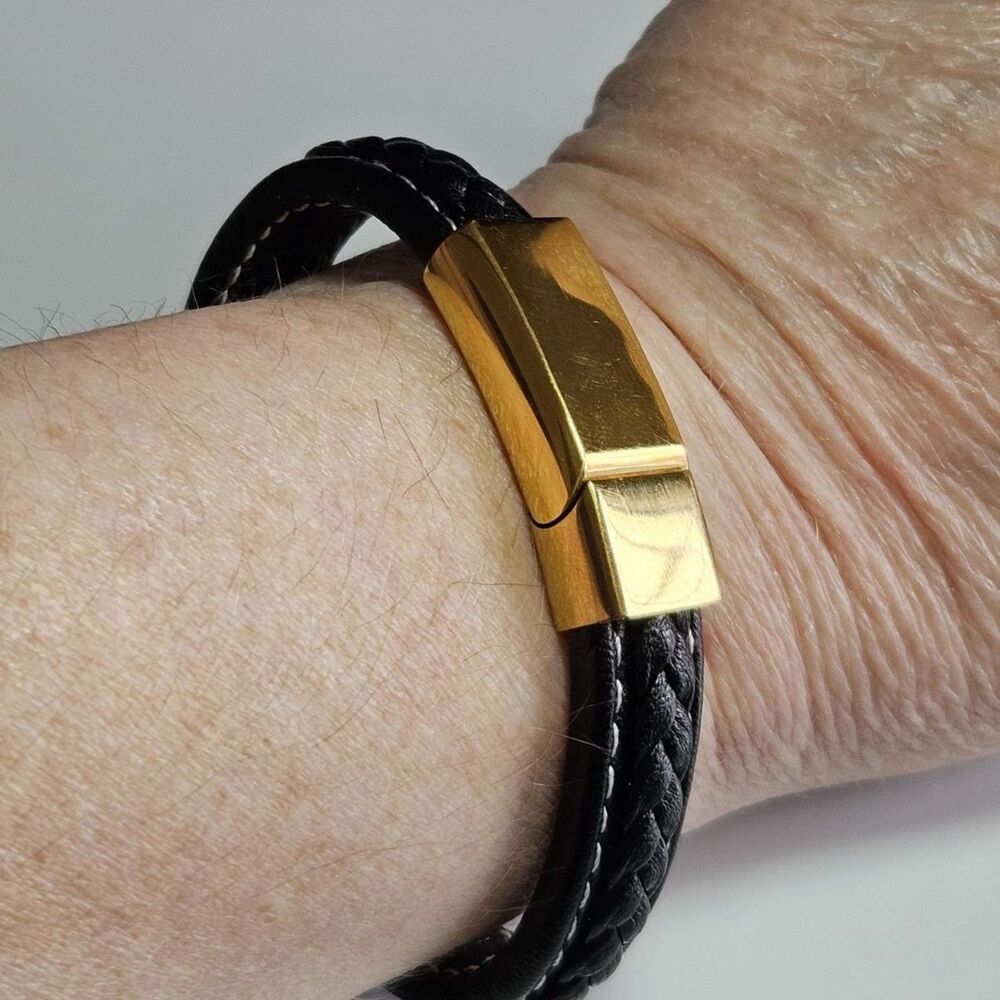 *Sale* Stainless Steel Gold Tone 6.5" Magnetic Black Braided Leather Bracelet